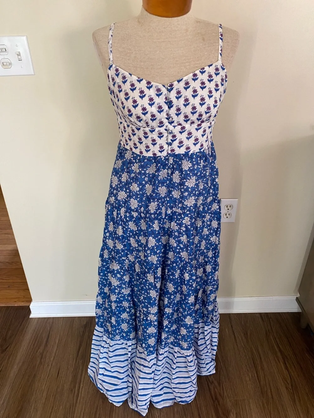 J. Crew Blue and White Mixed-Print Tiered Maxi Dress. Cotton. Size 4
